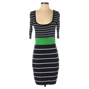 B44 Dressed Bodycon Dress Size S Navy White Green Stripe Scoop Neck Stretch